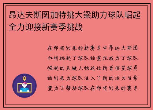 昂达夫斯图加特挑大梁助力球队崛起全力迎接新赛季挑战 昂达夫斯图加特挑大梁助力球队崛起全力迎接新赛季挑战