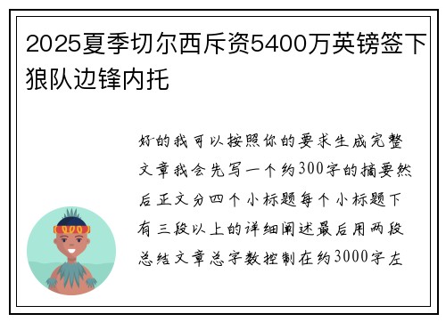 2025夏季切尔西斥资5400万英镑签下狼队边锋内托